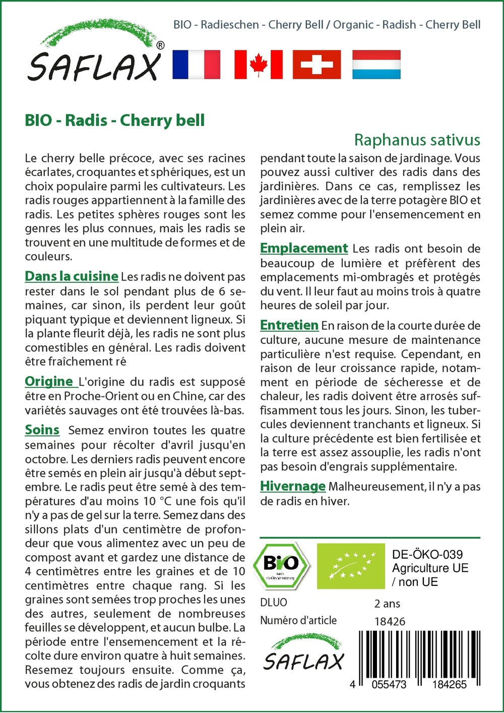  Kit De Culture - Bio - Radis - Cherry Bell - 100 Graines - Raphanus Sativus