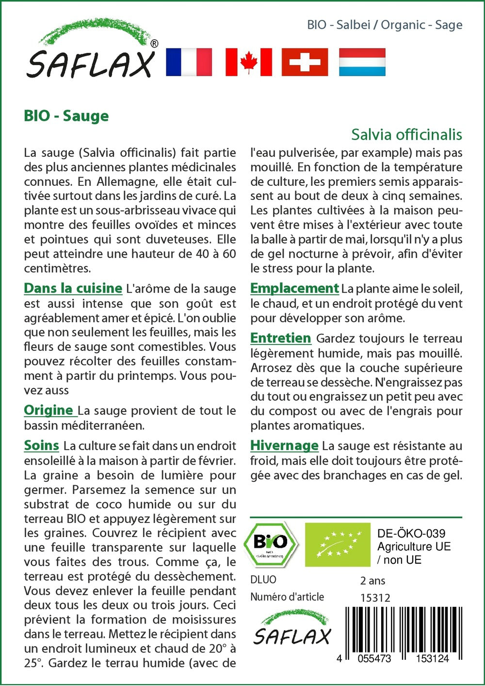  Kit De Culture - Bio - Sauge - 60 Graines - Salvia Officinalis