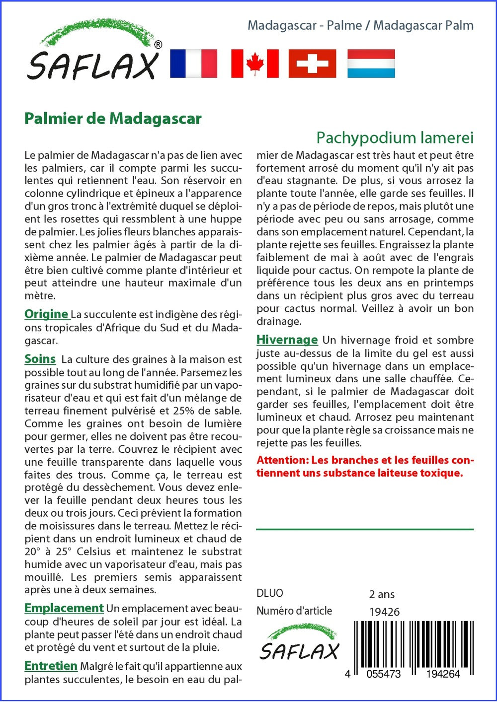  Kit De Culture - Palmier De Madagascar - 10 Graines - Pachypodium Lamerei