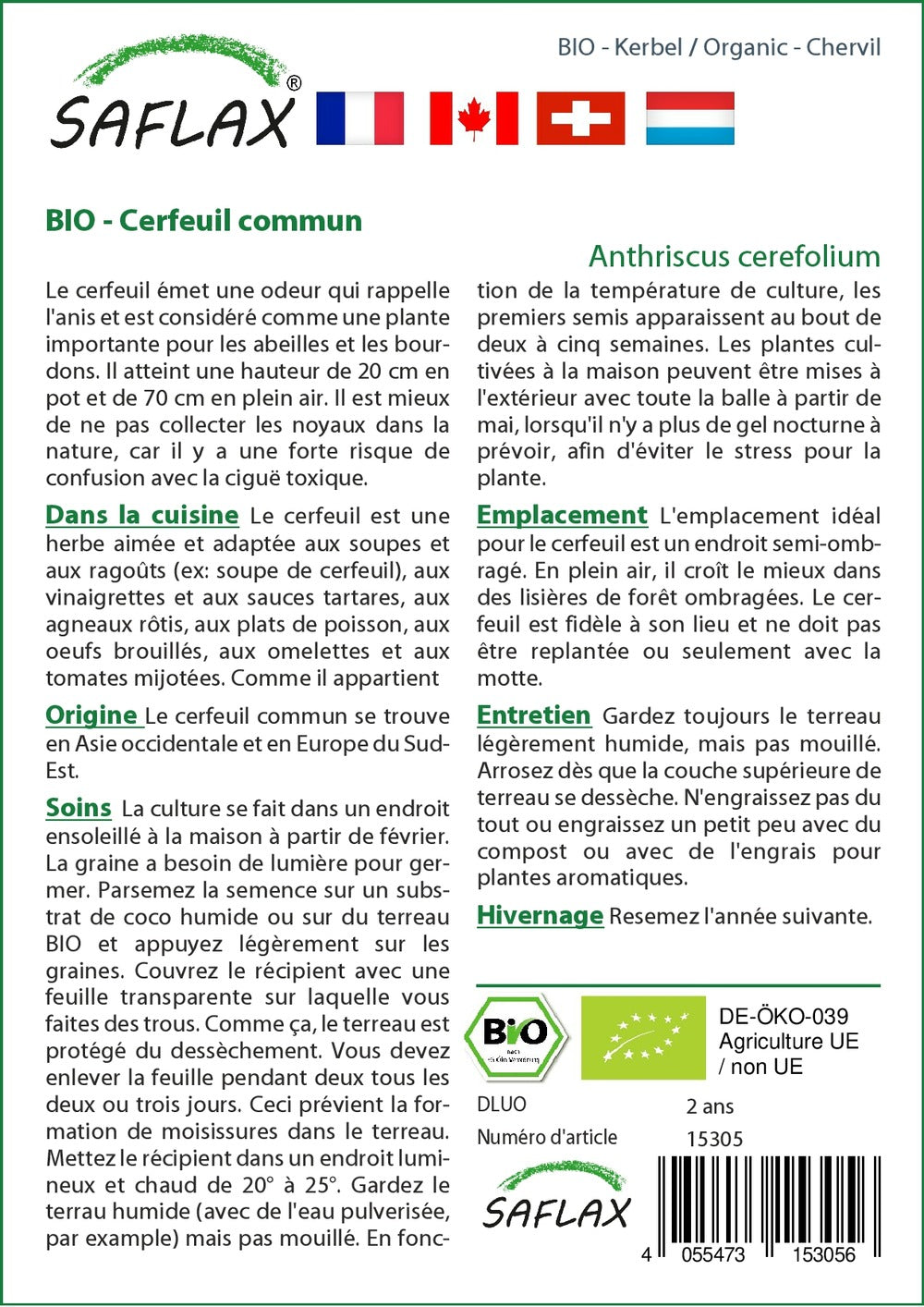  Kit De Culture - Bio - Cerfeuil Commun - 800 Graines - Anthriscus Cerefolium
