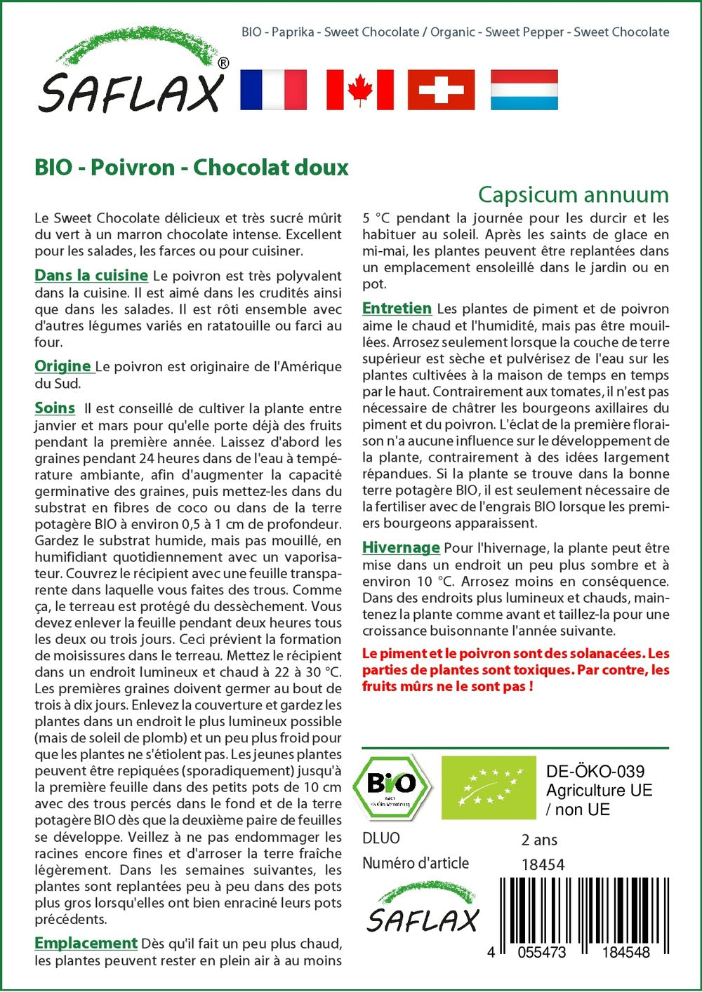  Kit De Culture - Bio - Poivron - Chocolat Doux - 10 Graines - Capsicum Annuum