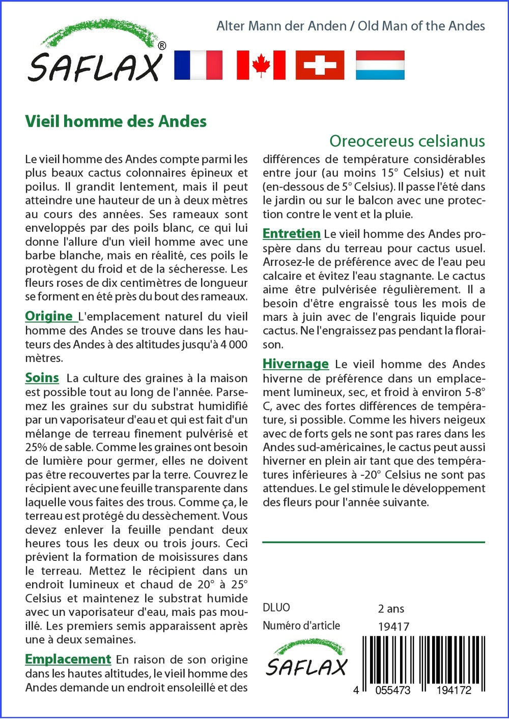  Kit De Culture - Vieil Homme Des Andes - 40 Graines - Oreocereus Celsianus