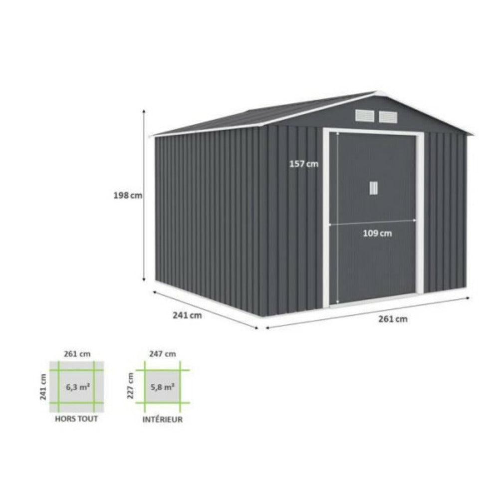  Abri De Jardin En Métal 6,3 M² - 261 X 241 X 198 Cm - Kit D'ancrage Inclus - Gris