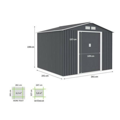  Abri De Jardin En Métal 6,3 M² - 261 X 241 X 198 Cm - Kit D'ancrage Inclus - Gris
