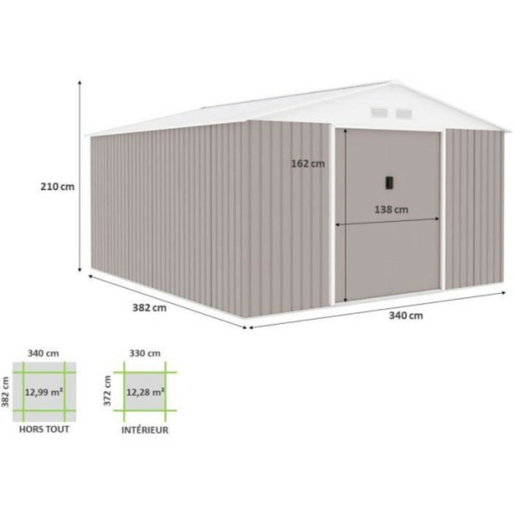  Abri De Jardin En Métal 12,99 M² - 340 X 382 X 210 Cm - Kit D'ancrage Inclus - Taupe