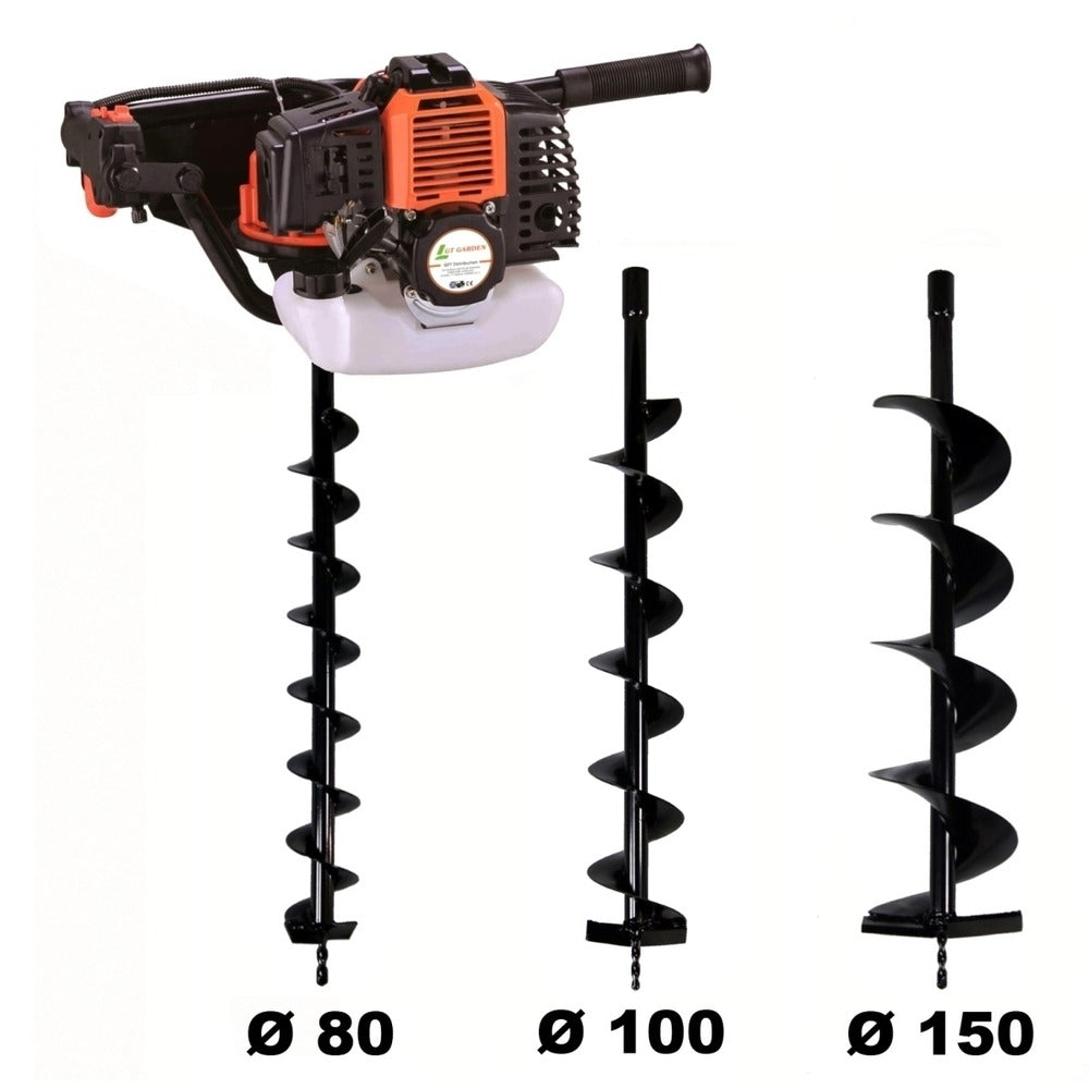  Tarière Thermique 52 Cm3 - 3 Cv + Lot De 3 Mèches (80, 100 Et 150 Mm)