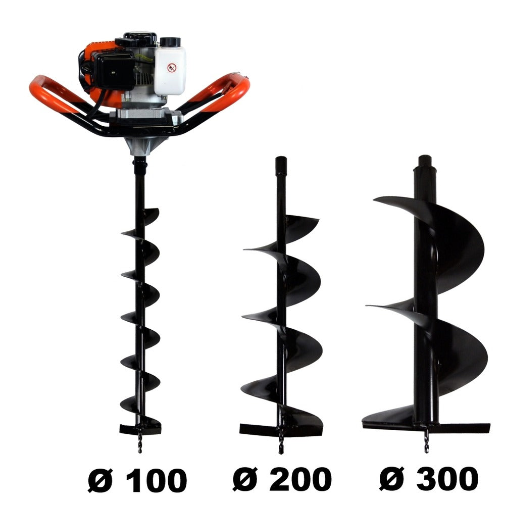  Tarière Thermique 52 Cm3, 3 Cv + Lot De 3 Mèches (100, 200 Et 300 Mm)
