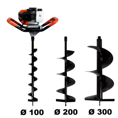  Tarière Thermique 52 Cm3, 3 Cv + Lot De 3 Mèches (100, 200 Et 300 Mm)