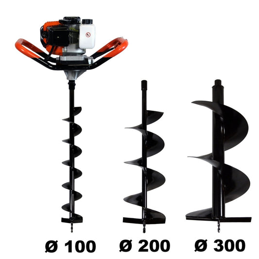  Tarière Thermique 52 Cm3, 3 Cv + Lot De 3 Mèches (100, 200 Et 300 Mm)