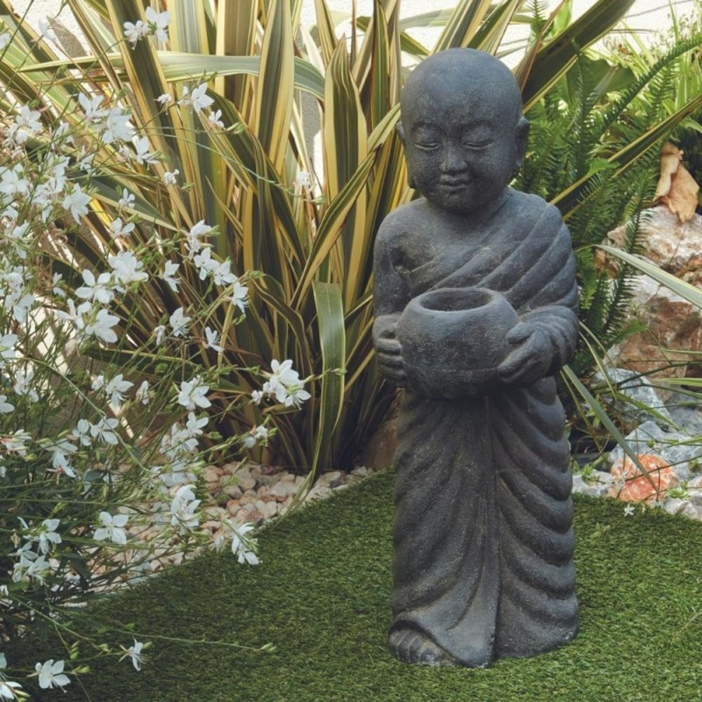  Statue Jardin Moine Debout Avec Photophore 60 Cm - Gris 60 Cm