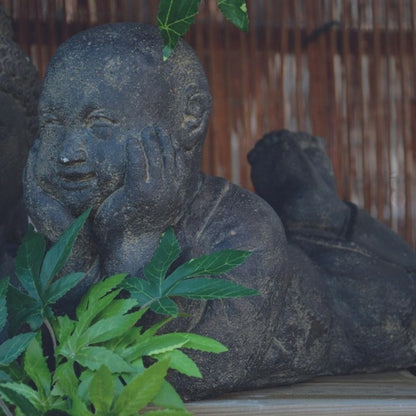  Statue Jardin Moine Bouddhiste Couché H.40 Cm - Gris Anthracite 40 Cm