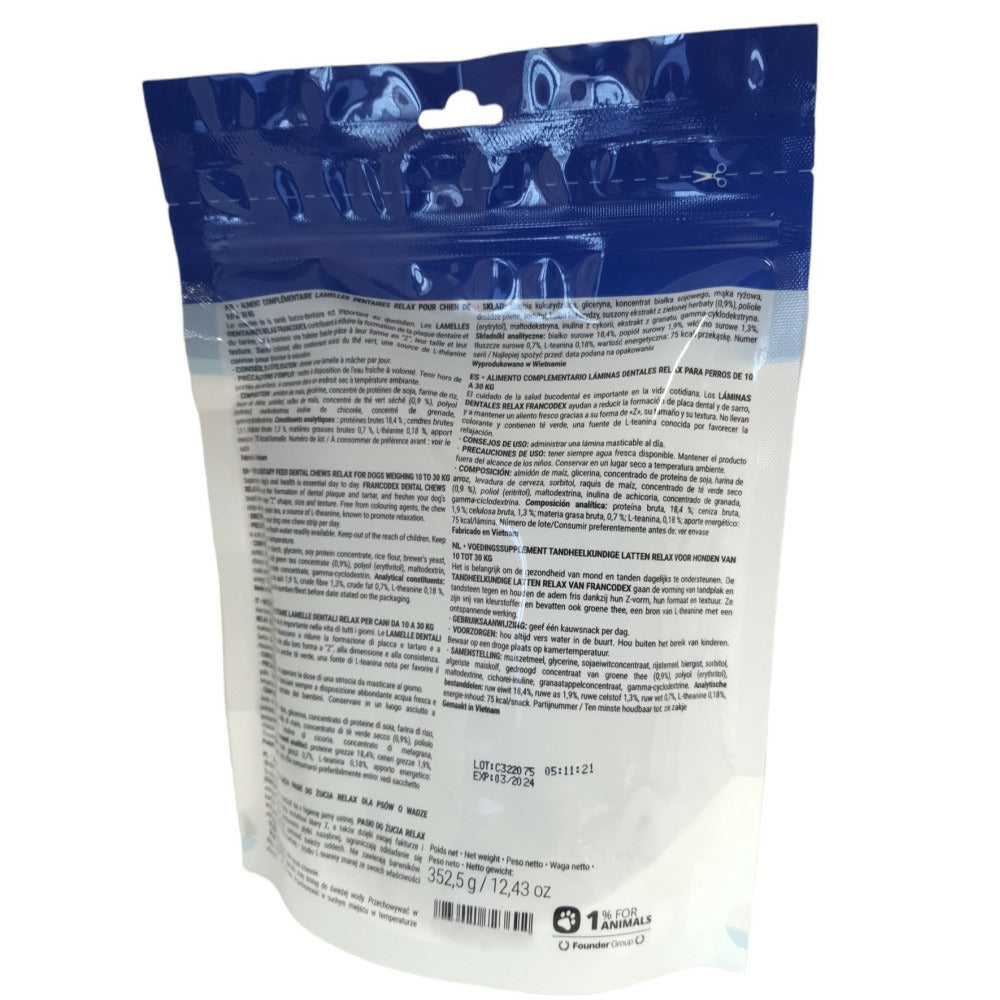  15 Lamelles Dentaires Relax Végétales Pour Chiens De 10 à 30 Kg, Sachet De