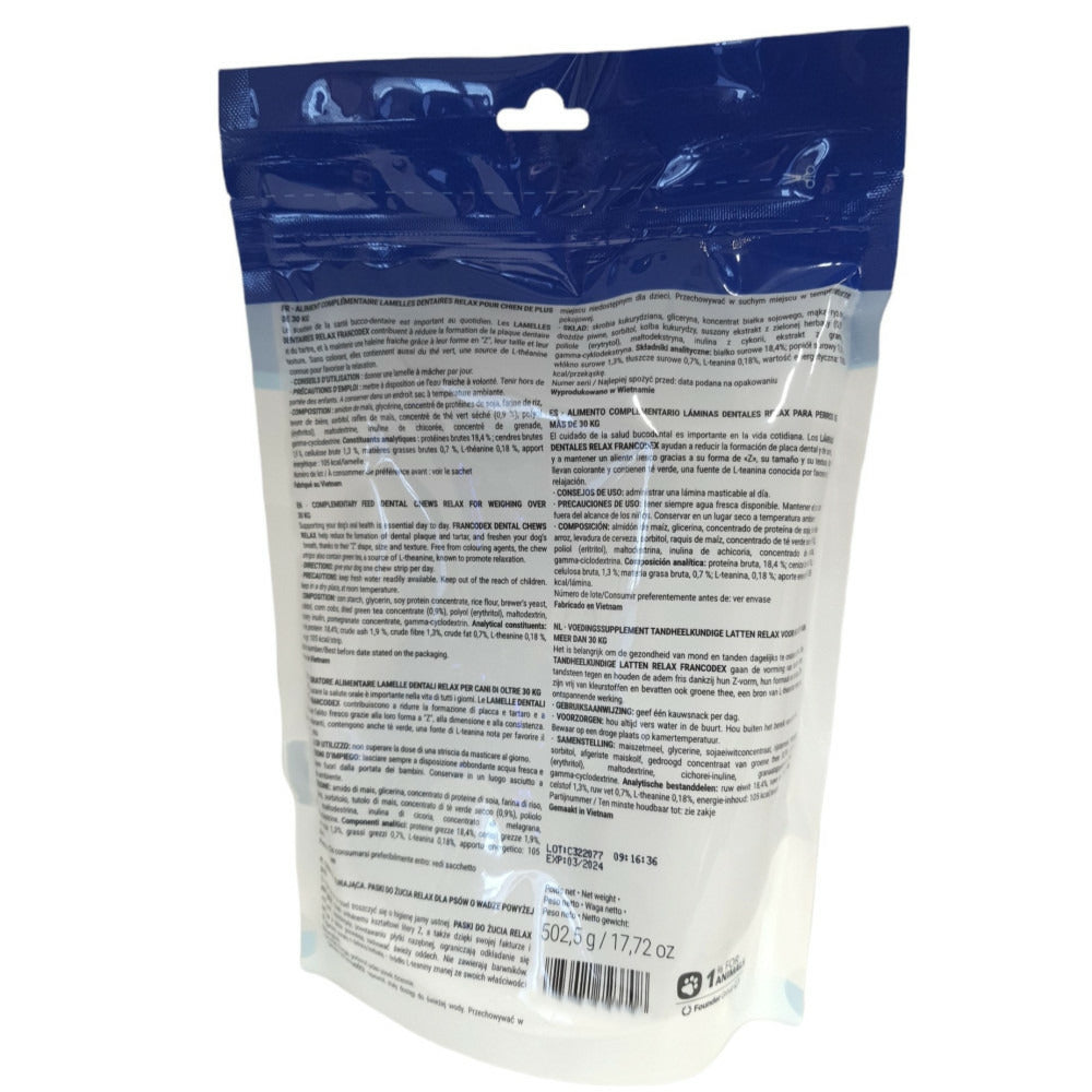  15 Lamelles Dentaires Relax Végétales Pour Chiens De Plus De 30 Kg, Sachet