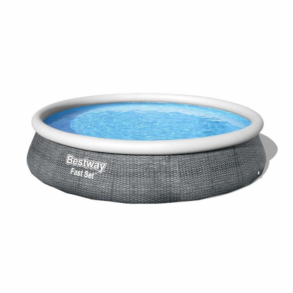  Piscine Gonflable Hors Sol Aral Imitation Rotin. Ronde 396x84cm Avec Pompe De Filtration. Filtre à Cartouche Et Cartouche Filtrante