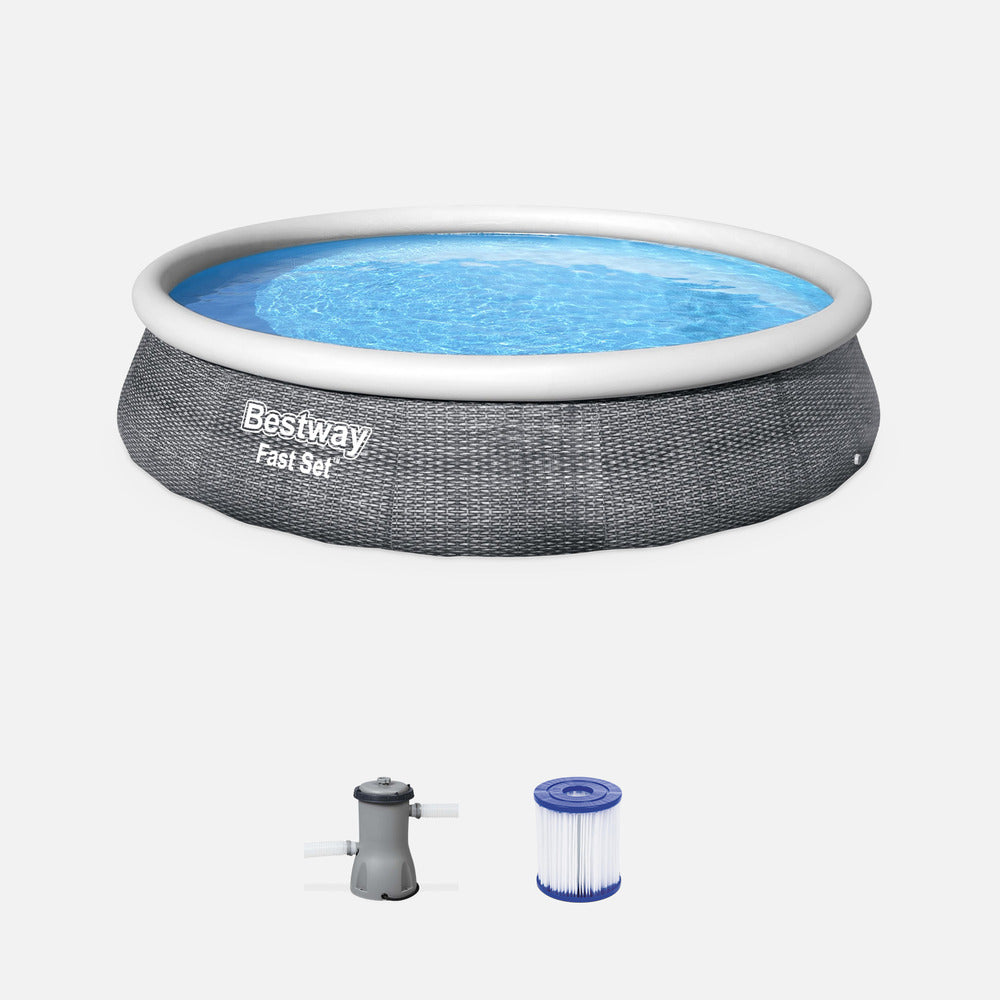  Piscine Gonflable Hors Sol Aral Imitation Rotin. Ronde 396x84cm Avec Pompe De Filtration. Filtre à Cartouche Et Cartouche Filtrante