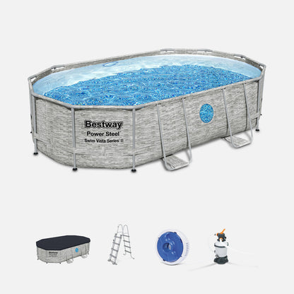  Piscine Tubulaire Bestway - Aventurine Pierre- Imitation Pierre Grise. Piscine Ovale 5x3m Avec Pompe De Filtration à Sable. Hublots.