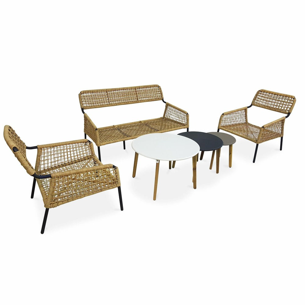  Salon De Jardin Bas 4 Places Komodo – Ensemble Canapé 2 Places Et 2 Fauteuils Avec 3 Tables Gigognes. Résine Tressée Effet Rotin.