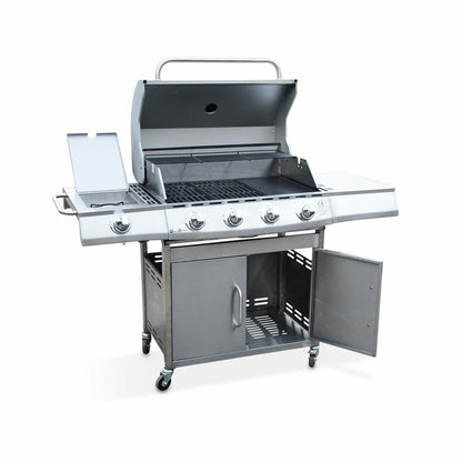  Barbecue Gaz Inox 17kw - Richelieu Inox - Barbecue 5 Brûleurs Dont 1 Feu Latéral. Côté Grill Et Côté Plancha