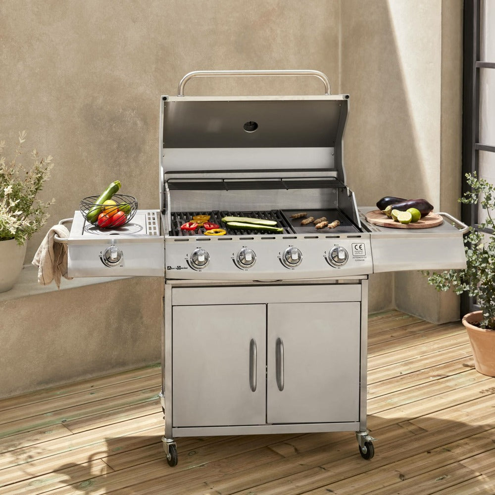  Barbecue Gaz Inox 17kw - Richelieu Inox - Barbecue 5 Brûleurs Dont 1 Feu Latéral. Côté Grill Et Côté Plancha