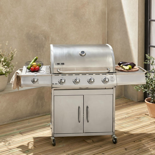  Barbecue Gaz Inox 17kw - Richelieu Inox - Barbecue 5 Brûleurs Dont 1 Feu Latéral. Côté Grill Et Côté Plancha