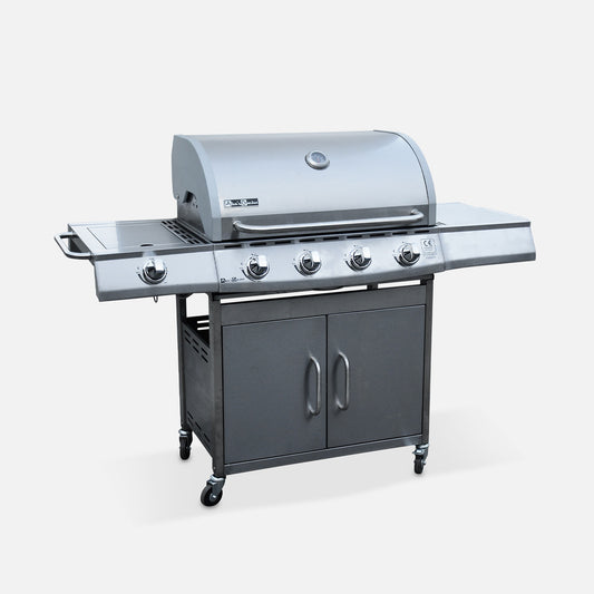  Barbecue Gaz Inox 17kw - Richelieu Inox - Barbecue 5 Brûleurs Dont 1 Feu Latéral. Côté Grill Et Côté Plancha