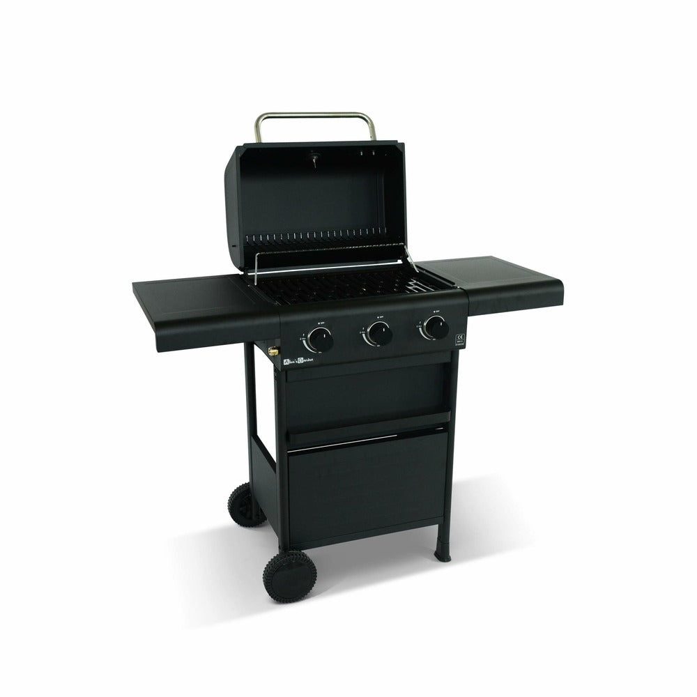  Barbecue Gaz 3 Brûleurs. Tablettes Rabattables - Bonacieux - Noir. Avec Rangement