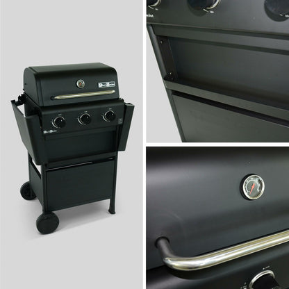  Barbecue Gaz 3 Brûleurs. Tablettes Rabattables - Bonacieux - Noir. Avec Rangement