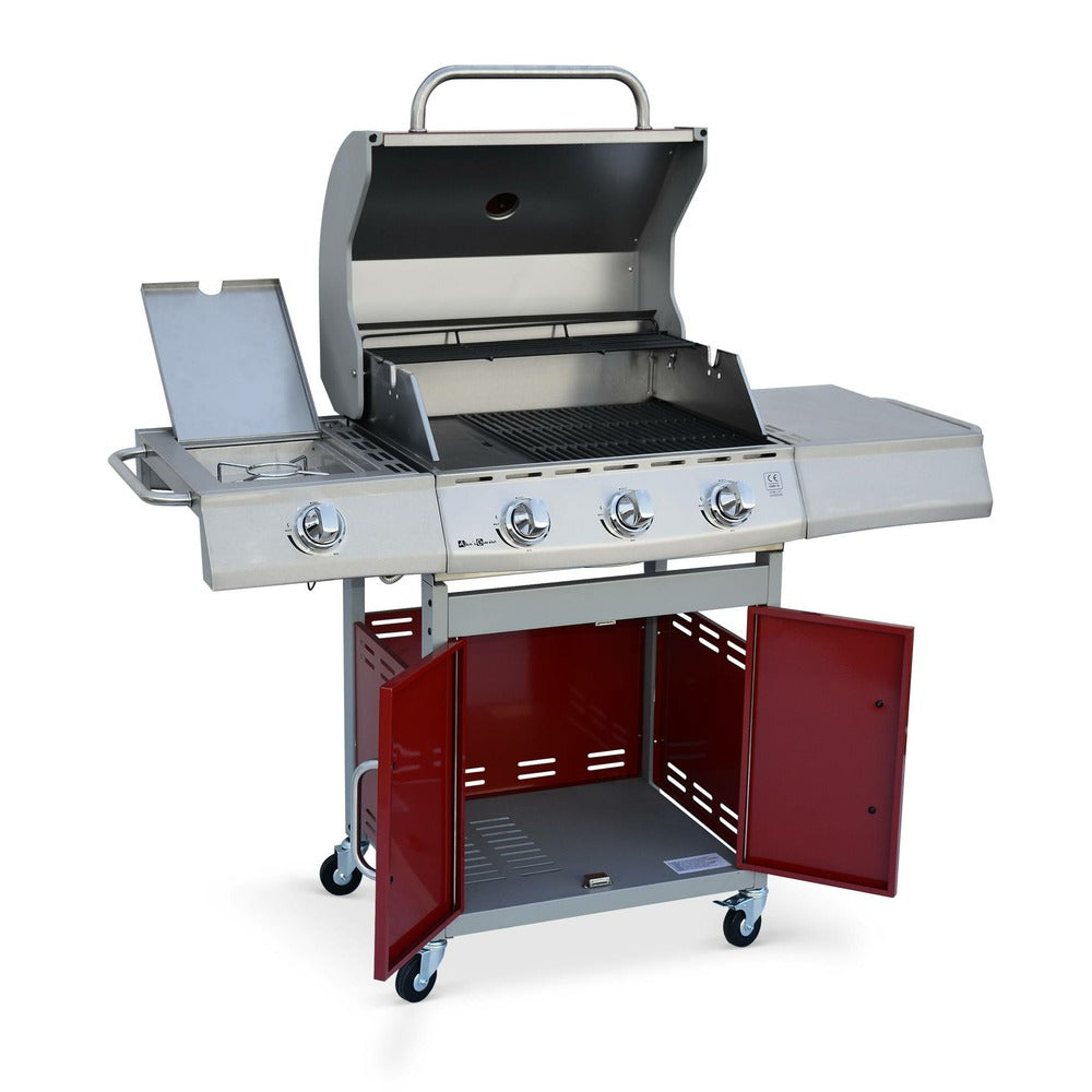  Barbecue Gaz Inox 14kw - Richelieu Rouge - Barbecue 4 Brûleurs Dont 1 Feu Latéral. Côté Grill Et Côté Plancha