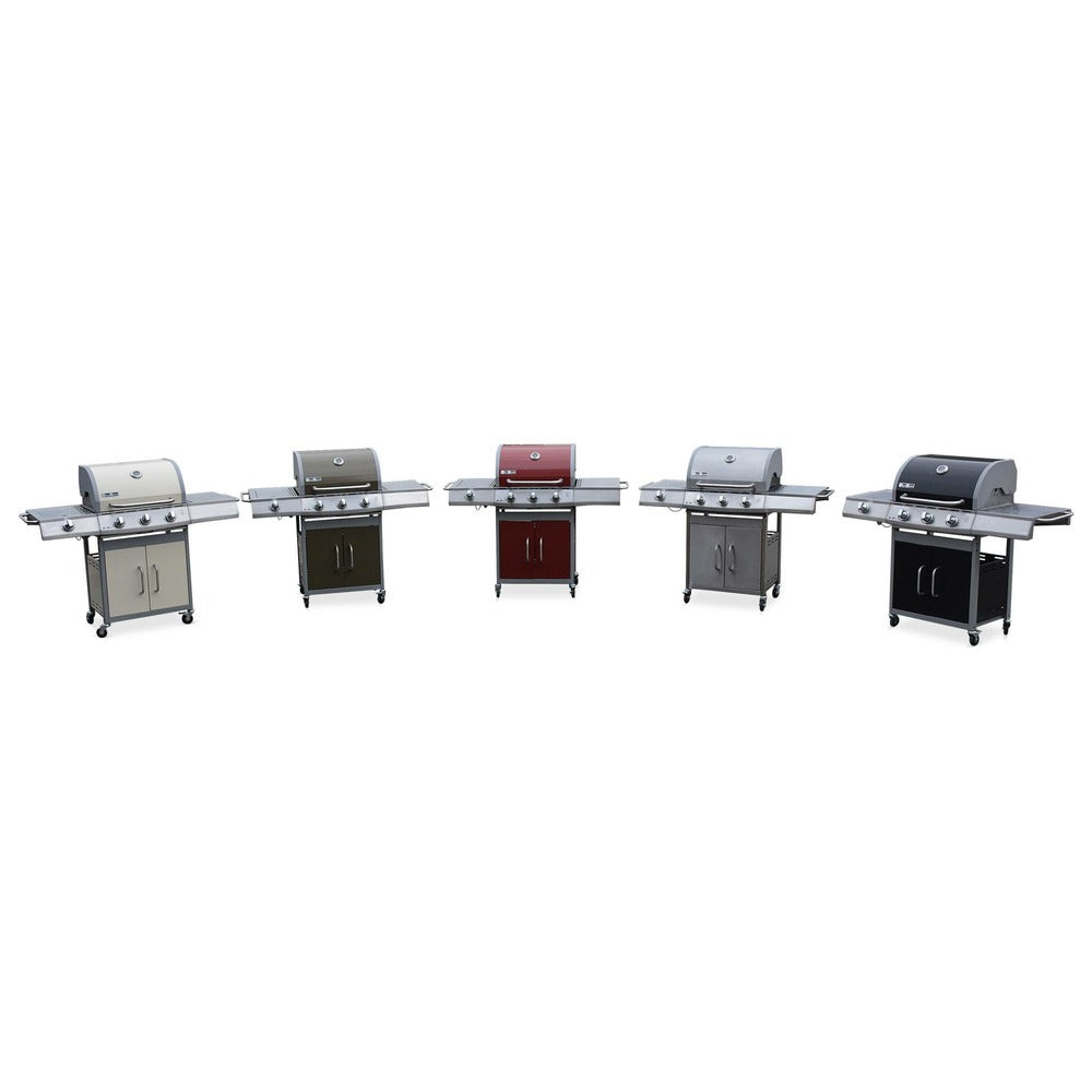  Barbecue Gaz Inox 14kw - Richelieu Rouge - Barbecue 4 Brûleurs Dont 1 Feu Latéral. Côté Grill Et Côté Plancha