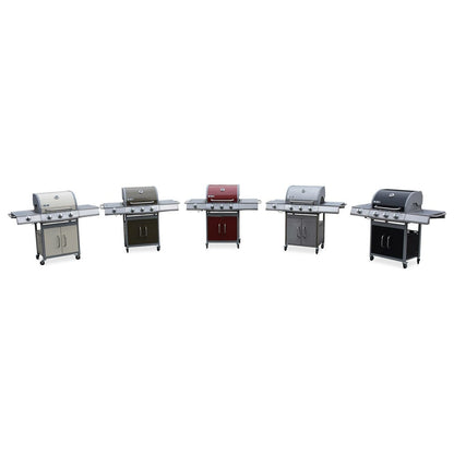  Barbecue Gaz Inox 14kw - Richelieu Rouge - Barbecue 4 Brûleurs Dont 1 Feu Latéral. Côté Grill Et Côté Plancha