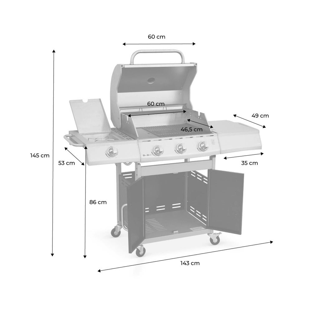  Barbecue Gaz Inox 14kw - Richelieu Rouge - Barbecue 4 Brûleurs Dont 1 Feu Latéral. Côté Grill Et Côté Plancha