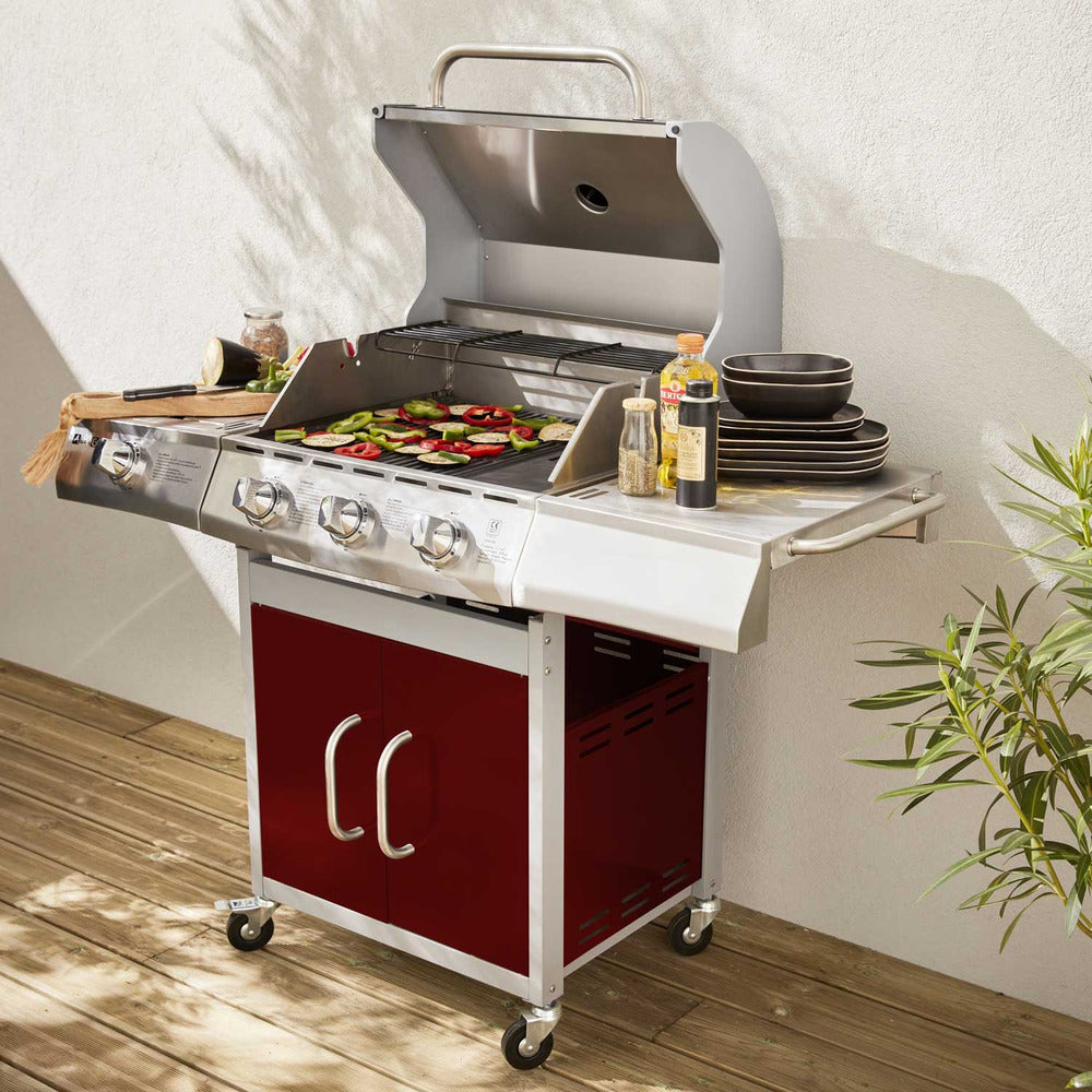  Barbecue Gaz Inox 14kw - Richelieu Rouge - Barbecue 4 Brûleurs Dont 1 Feu Latéral. Côté Grill Et Côté Plancha