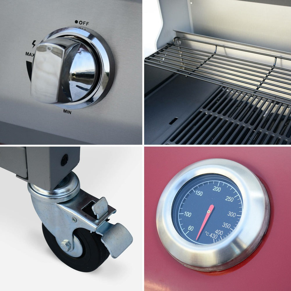  Barbecue Gaz Inox 14kw - Richelieu Rouge - Barbecue 4 Brûleurs Dont 1 Feu Latéral. Côté Grill Et Côté Plancha