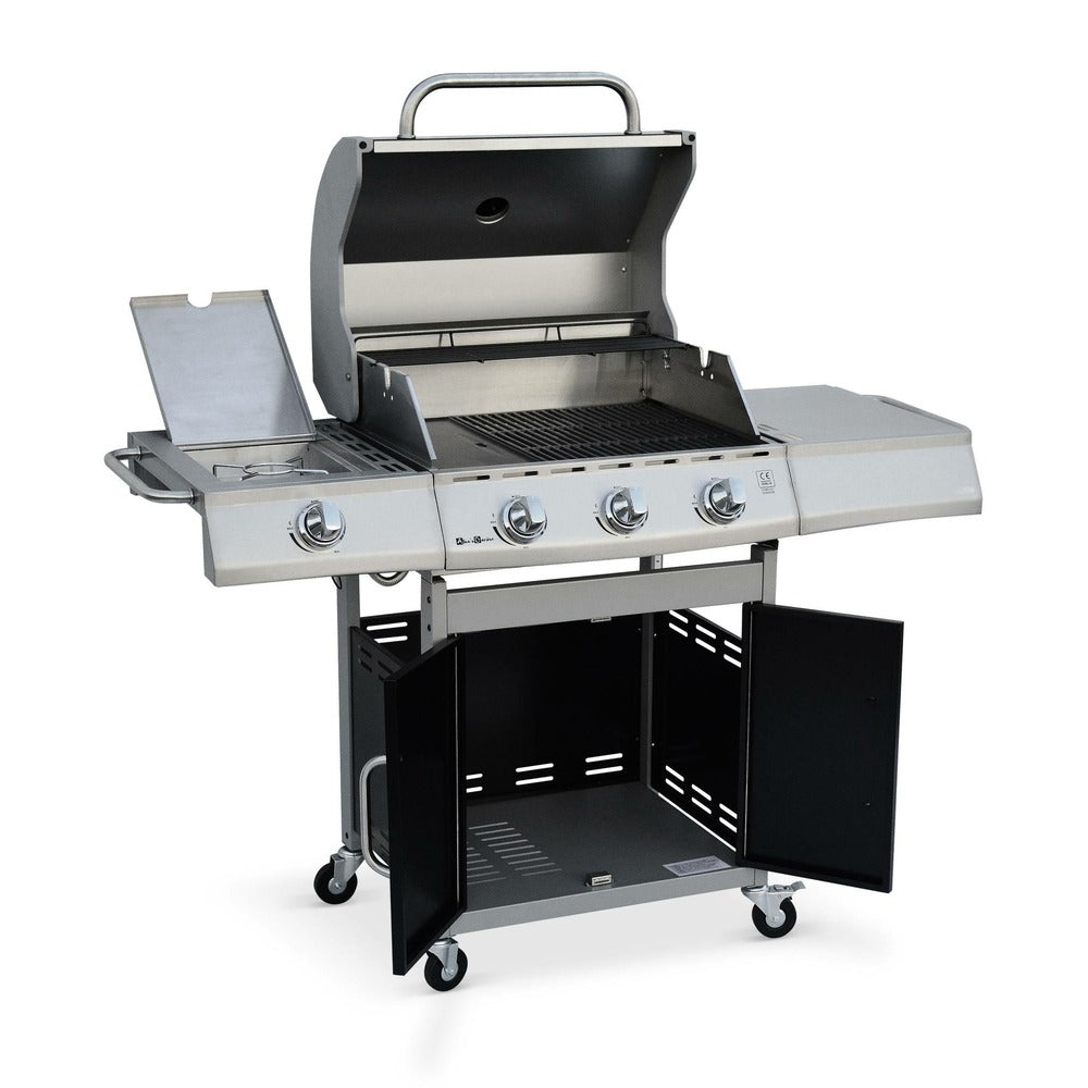  Barbecue Gaz Inox 14kw - Richelieu Noir - Barbecue 4 Brûleurs Dont 1 Feu Latéral. Côté Grill Et Côté Plancha