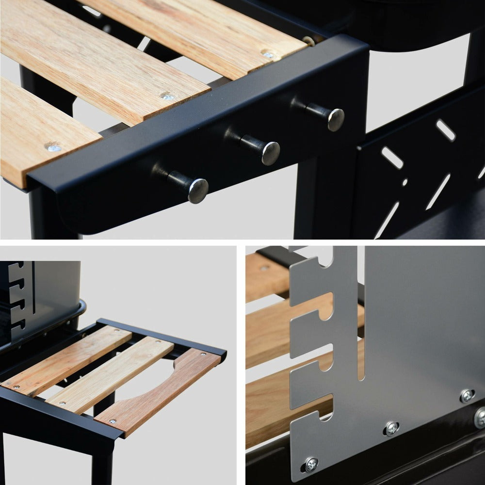  Barbecue Au Charbon - Alfred - Noir Et Gris. Hauteur De Grille Ajustable. Cuve émaillée. Tablettes En Bois. Étagère Et Crochets