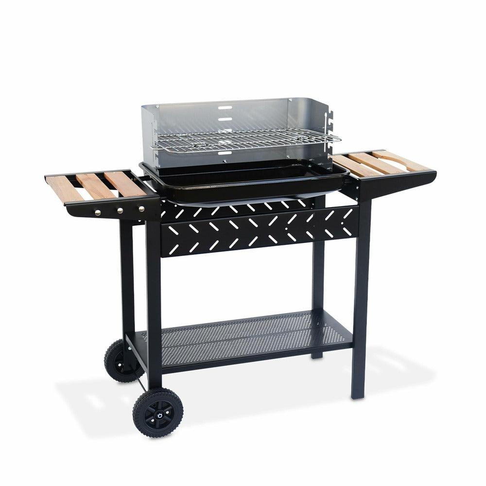  Barbecue Au Charbon - Alfred - Noir Et Gris. Hauteur De Grille Ajustable. Cuve émaillée. Tablettes En Bois. Étagère Et Crochets