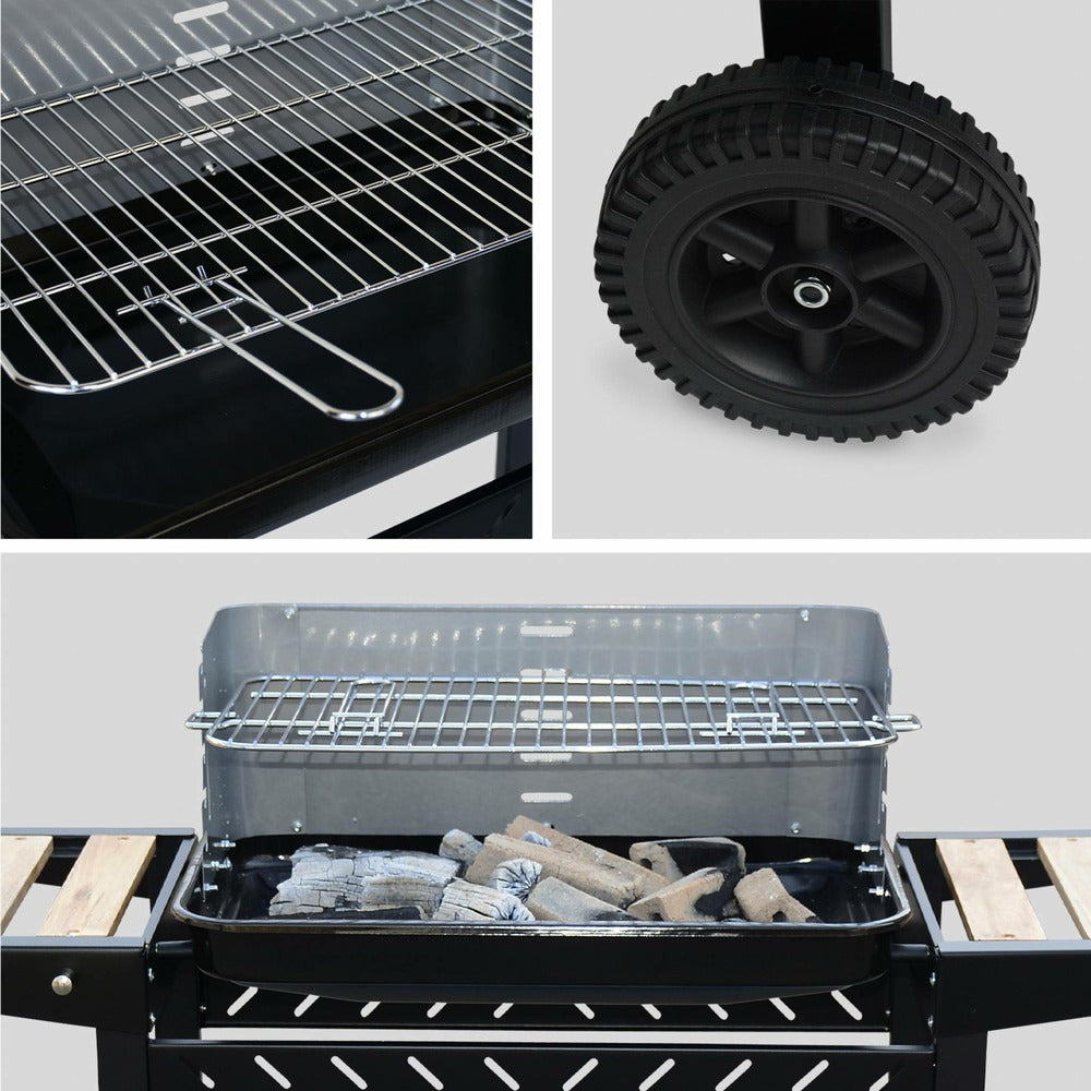  Barbecue Au Charbon - Alfred - Noir Et Gris. Hauteur De Grille Ajustable. Cuve émaillée. Tablettes En Bois. Étagère Et Crochets