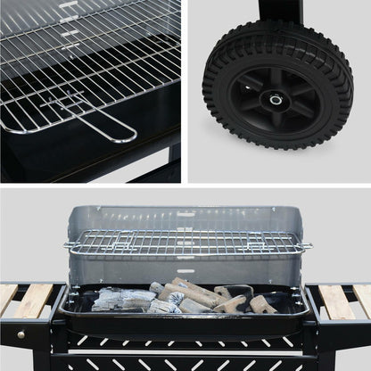  Barbecue Au Charbon - Alfred - Noir Et Gris. Hauteur De Grille Ajustable. Cuve émaillée. Tablettes En Bois. Étagère Et Crochets