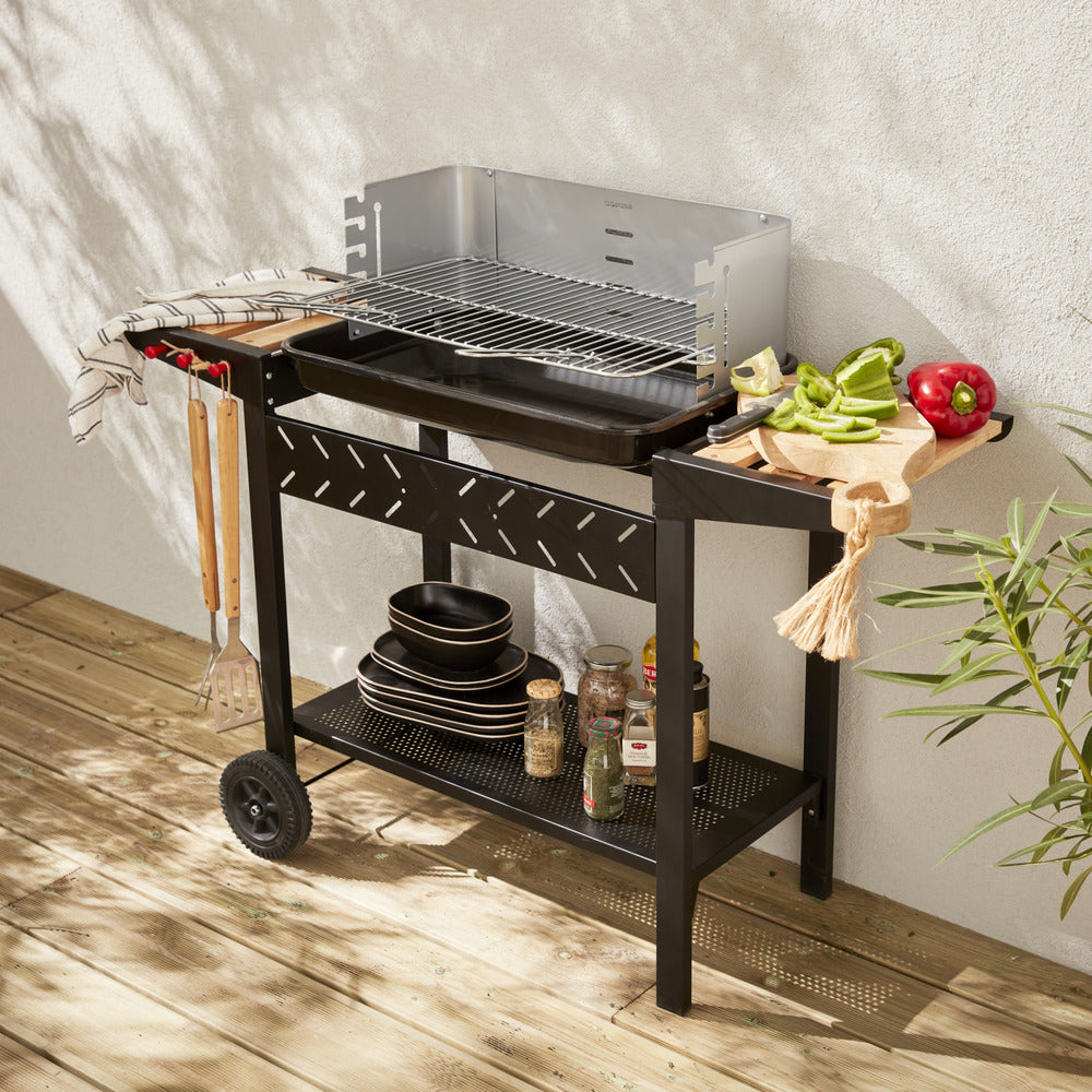  Barbecue Au Charbon - Alfred - Noir Et Gris. Hauteur De Grille Ajustable. Cuve émaillée. Tablettes En Bois. Étagère Et Crochets