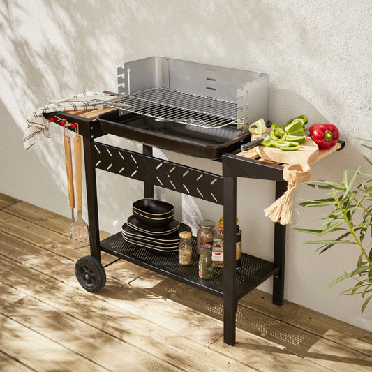  Barbecue Au Charbon - Alfred - Noir Et Gris. Hauteur De Grille Ajustable. Cuve émaillée. Tablettes En Bois. Étagère Et Crochets