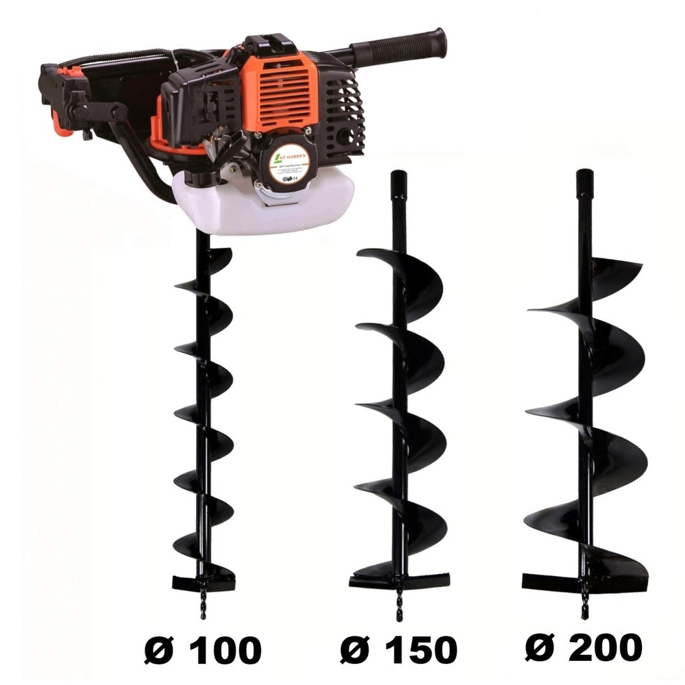  Tarière Thermique 52 Cm3 - 3 Cv + Lot De 3 Mèches (100, 150 Et 200 Mm)