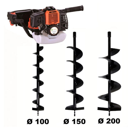  Tarière Thermique 52 Cm3 - 3 Cv + Lot De 3 Mèches (100, 150 Et 200 Mm)