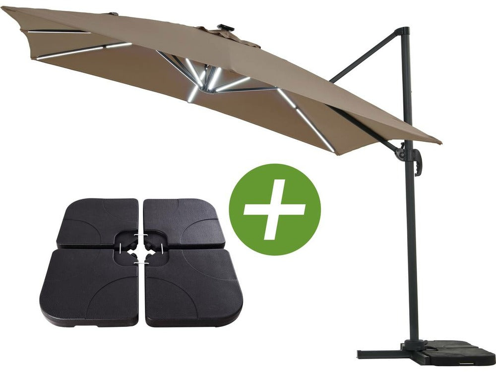  Parasol Jardin Déporté Led Alu "sun 4 Luxe" - Rectangle - 3 X 4 M - Taupe - Dalles à Lester Incluses