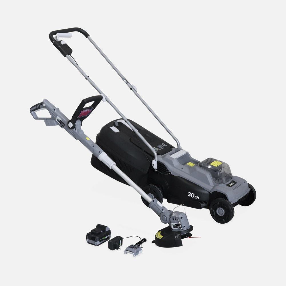  Voltr - Tondeuse à Gazon Sans Fil 30cm Batterie 20v Lithium 4ah Et Chargeur + Débroussailleuse Sans Fil ø25cm Avec Batterie Lithium