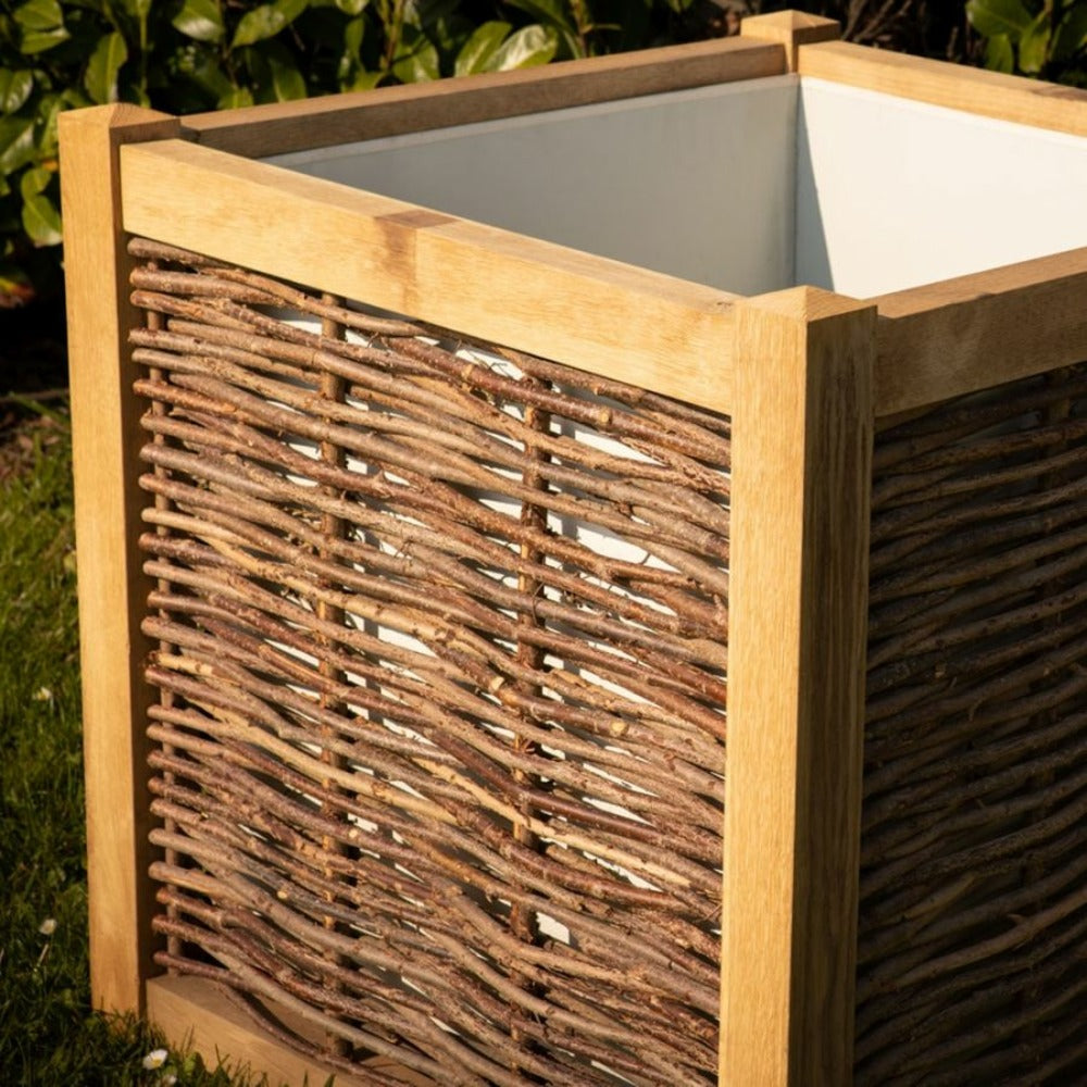  Jardinière En Chêne Avec Tressage Noisetier - Avec Bac Intérieur - 80 X 80 X 80 Cm