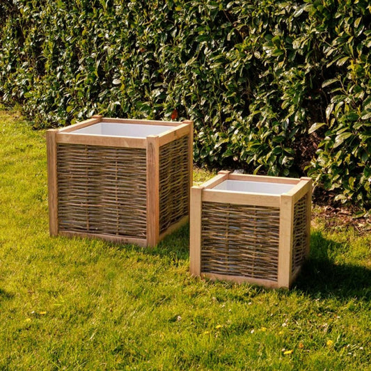  Jardinière En Chêne Avec Tressage Noisetier - Avec Bac Intérieur - 80 X 80 X 80 Cm