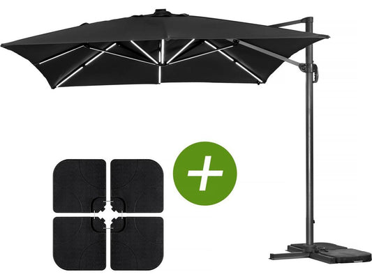  Parasol Jardin Déporté Led Alu "sun 3 Luxe" - Carré - 3 X 3 M - Coloris Noir - Dalles Lestées Incluses