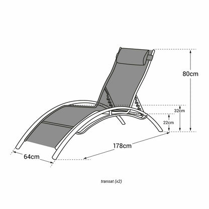  Baisao - Bain De Soleil Courbé Textilène Aluminium - Inclinable - Coussin De Tête - Léger Et Confortable - Gris/gris Anthracite - X2