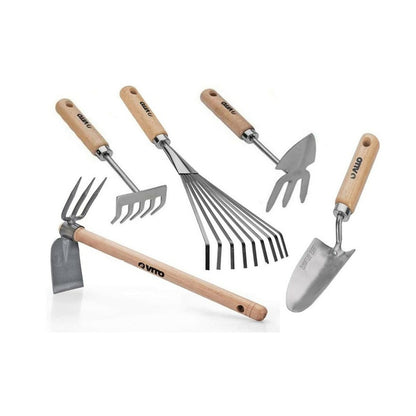  Kit 5 Outils De Jardin Manche Bois Vito Inox Et Fer Forgés à La Main