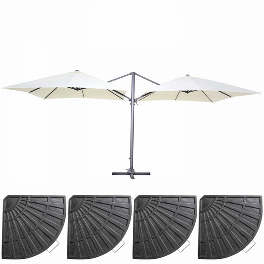  Double Parasol Déporté 3m Et 4 Dalles Lestées Aluminium Blanc